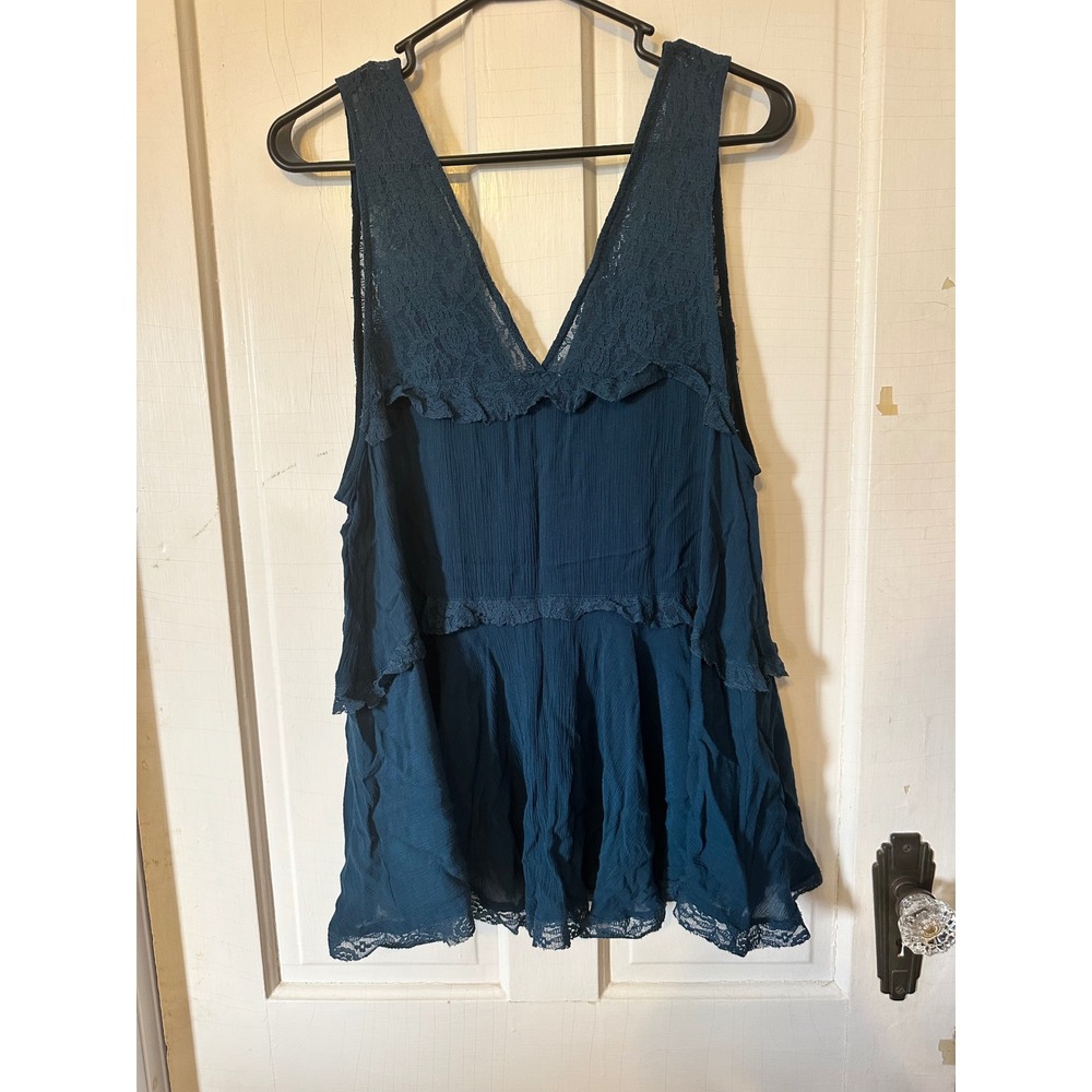 Intimately Free People Teal Blue Lace Trim Tiered Boho Tank Top Womens Medium - Picture 3 of 5
